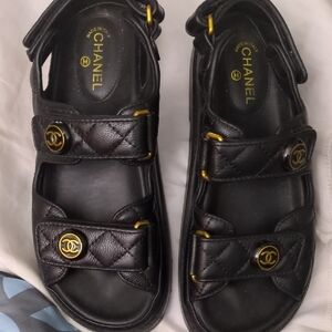 Chanel Black Sandals with Gold Details